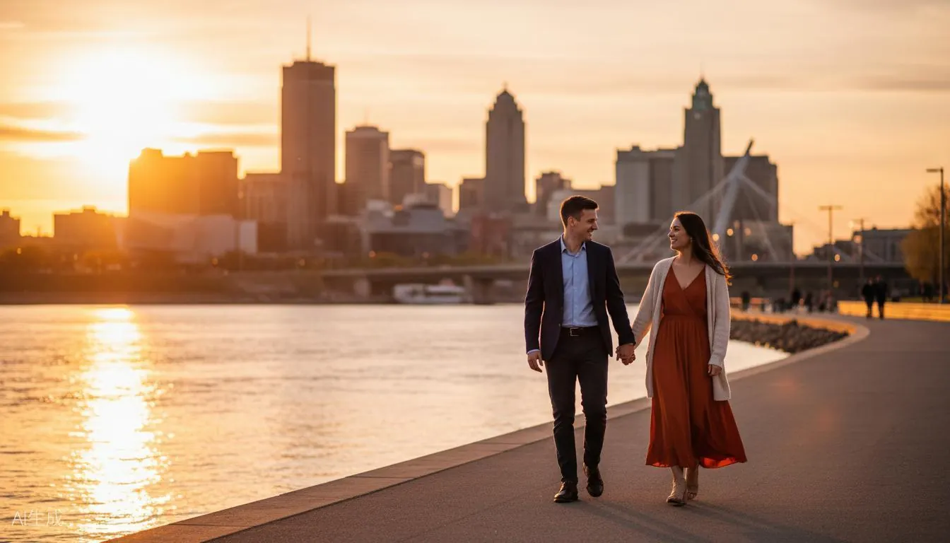Romantic Winnipeg riverwalk at sunset with city skyline - Sugar Baby Winnipeg dating scene